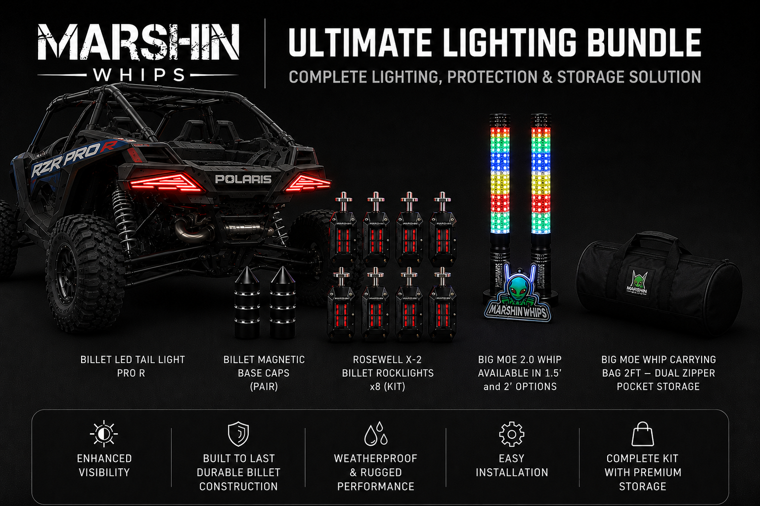 X-MAGIC PROIT DOWN SUSPENSION 4本セット Polaris RZR Pro R Big Moe Lighting Combo Kit | Whips & Rock Lights