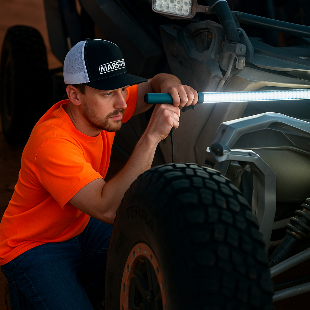 A person holding a work light next to a UTV as an alternative light source