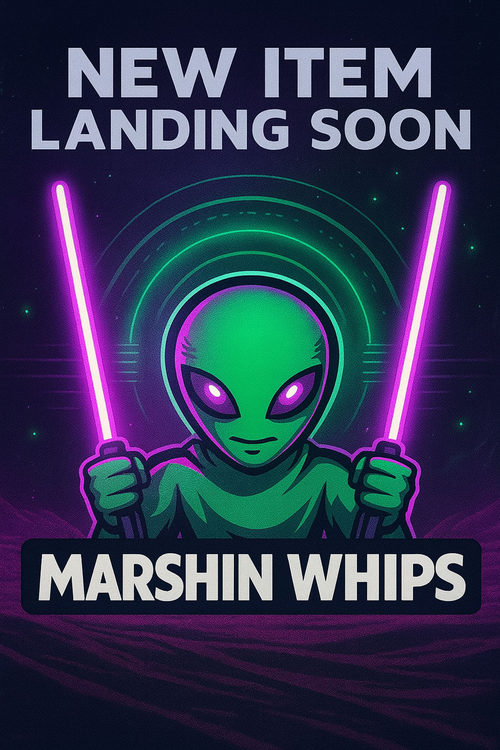 Promotional graphic for 'Marshin Whips' with an alien holding glowing whips on a dark background.