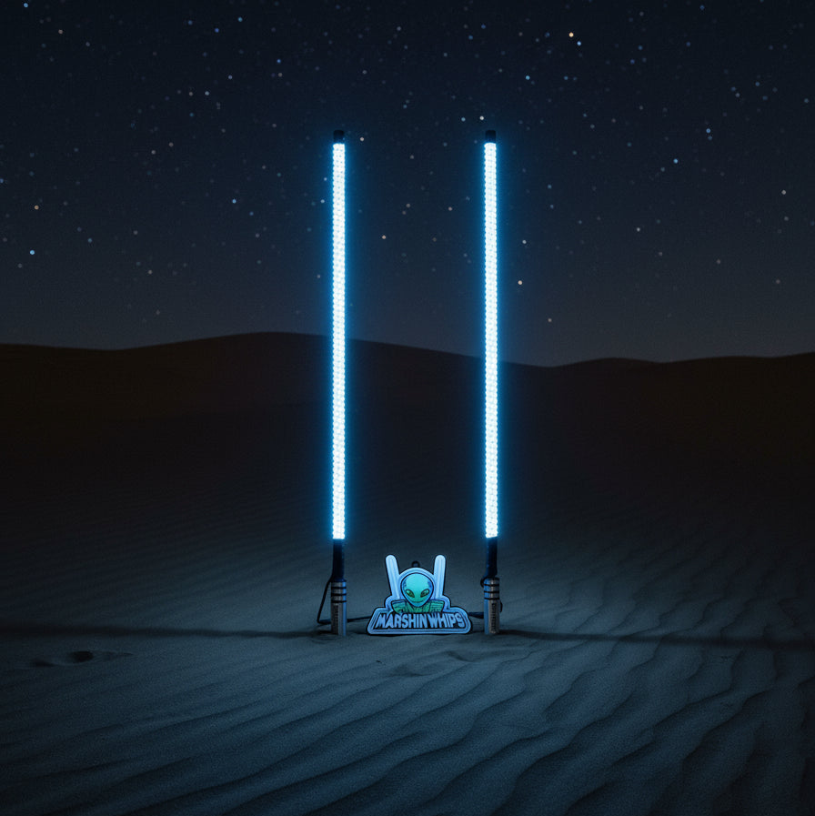 Two glowing light whips on a blue background with an 'Alien Marshin Whips' logo below.