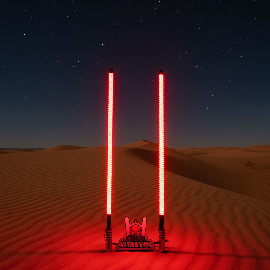 Two glowing light whips on a blue background with an 'Alien Marshin Whips' logo below.