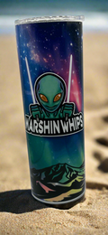 Tumbler with alien design and 'Marshin Whips' branding on the beach in the sand