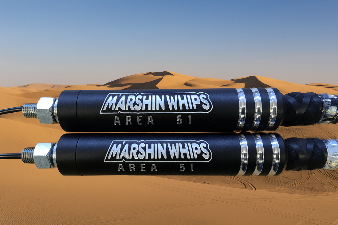 Two Marshin Whips with 'Area 51' branding on a desert background