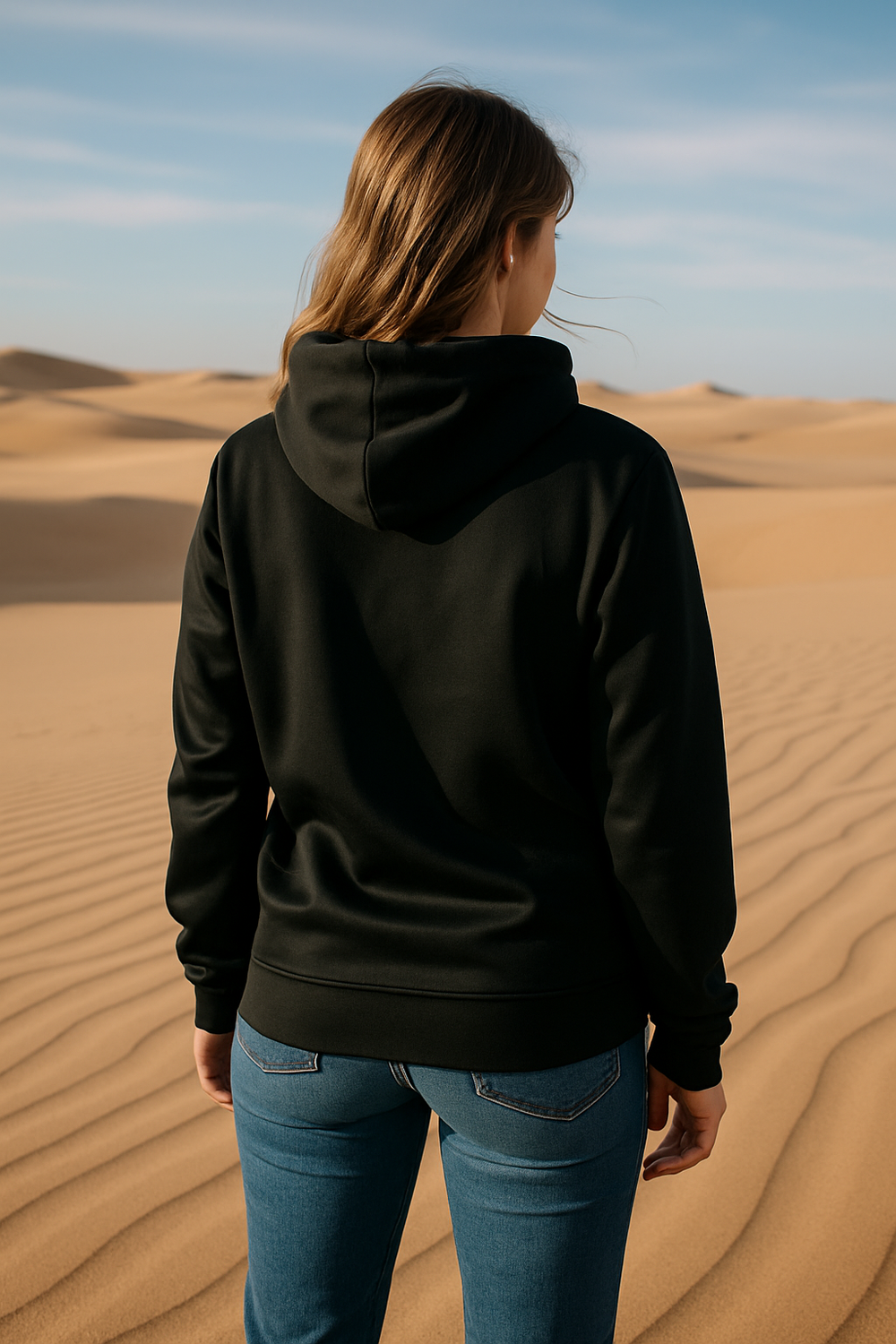 Person wearing a black hoodie and blue jeans standing in a desert landscape