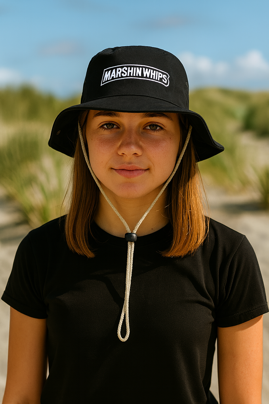 Person wearing a black bucket hat with 'Marshin Whips' branding on a beach.
