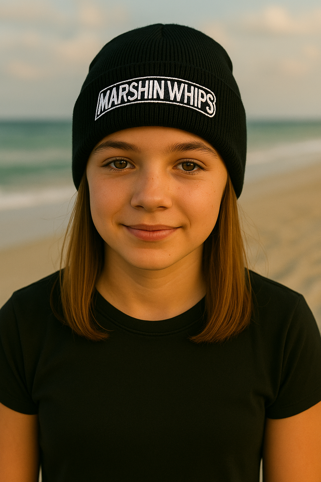 Young girl wearing a black beanie with 'MARSHIN WHIPS' on a beach