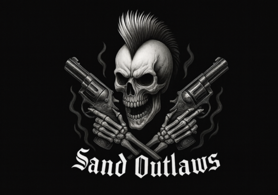 Skull with crossed revolvers and 'Sand Outlaws' text on a black background