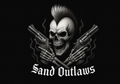 Skull with crossed revolvers and 'Sand Outlaws' text on a black background