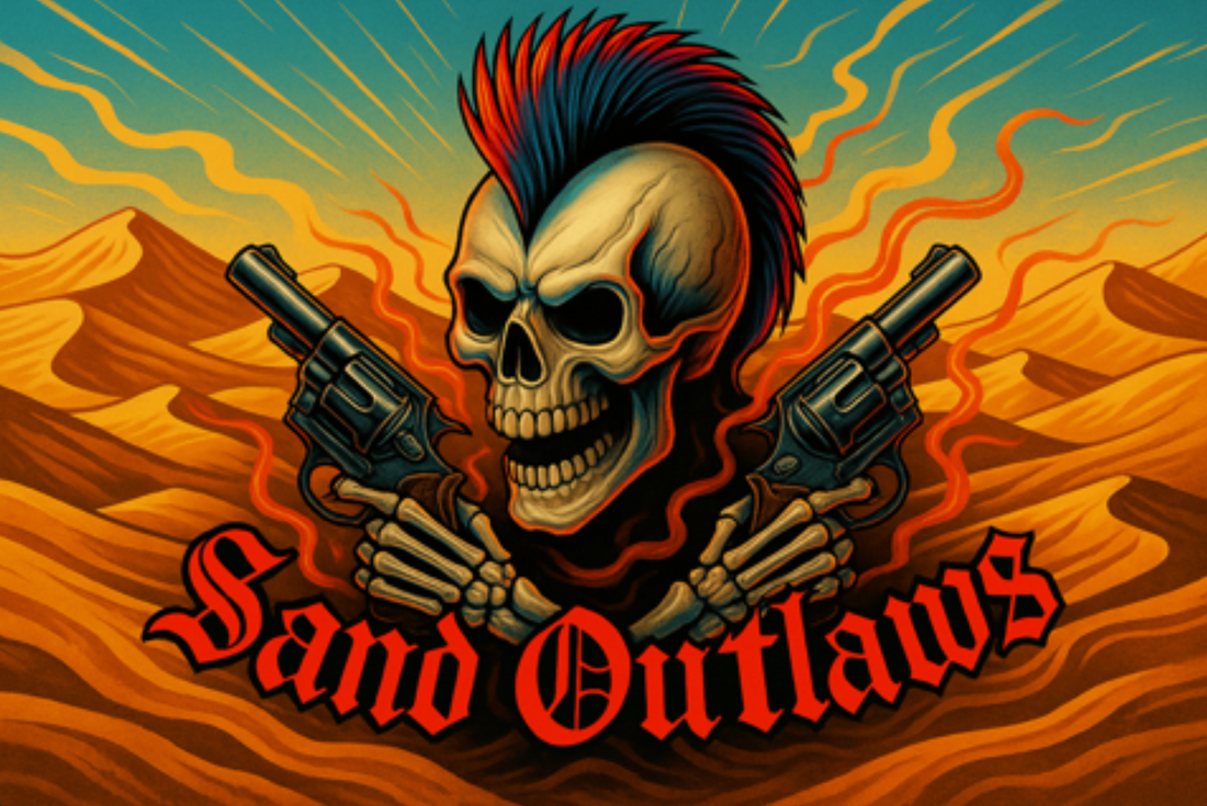 Skull with crossed revolvers and 'Sand Outlaws' text on a black background