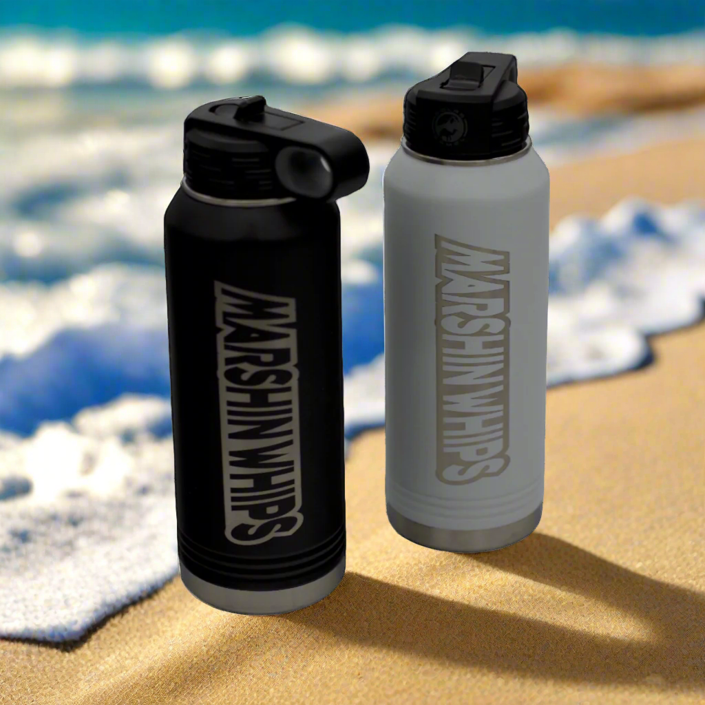 Two insulated bottles, one black and one white, with 'Marshin Whips' branding on a white background.