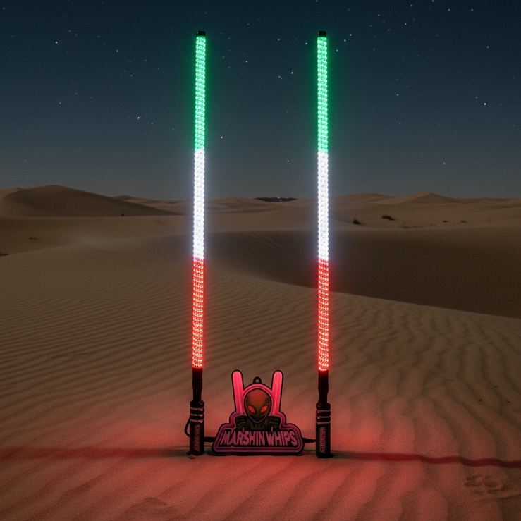 Two LED light Whips with green and red patterns on a dark background, featuring a 'Marshin Whips' logo.