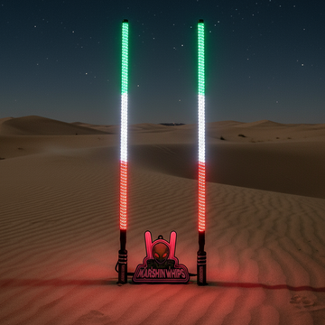 Two LED light Whips with green and red patterns on a dark background, featuring a 'Marshin Whips' logo.