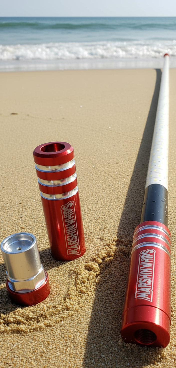 Single Red Game Changer Whip on a sandy beach with ocean waves in the background