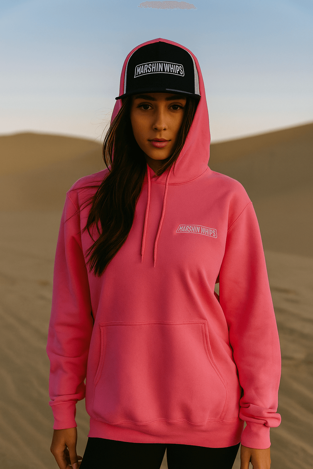 Marshin Whips pink hoodie – front view unisex off-road apparel
Marshin Whips pink hoodie – back view fleece hoodie design
Pink fleece hoodie by Marshin Whips – dune trail clothing