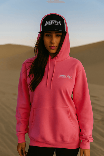 Marshin Whips pink hoodie – front view unisex off-road apparel
Marshin Whips pink hoodie – back view fleece hoodie design
Pink fleece hoodie by Marshin Whips – dune trail clothing
