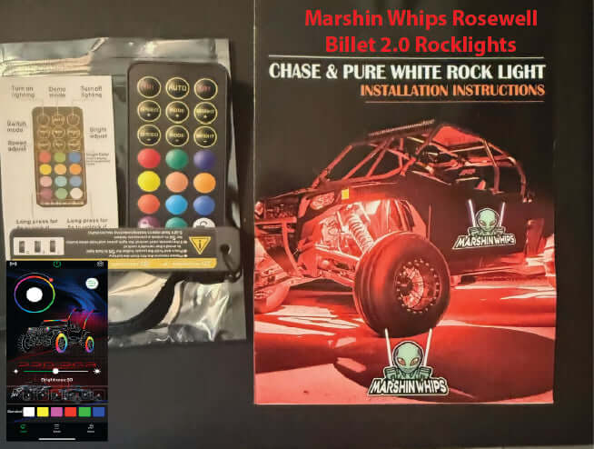 Marshin Whips Rosewell Billet 2.0 Rocklights with remote control and installation instructions.