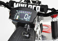 Close-up of a motorcycle's digital dashboard with visible branding on the handlebars.