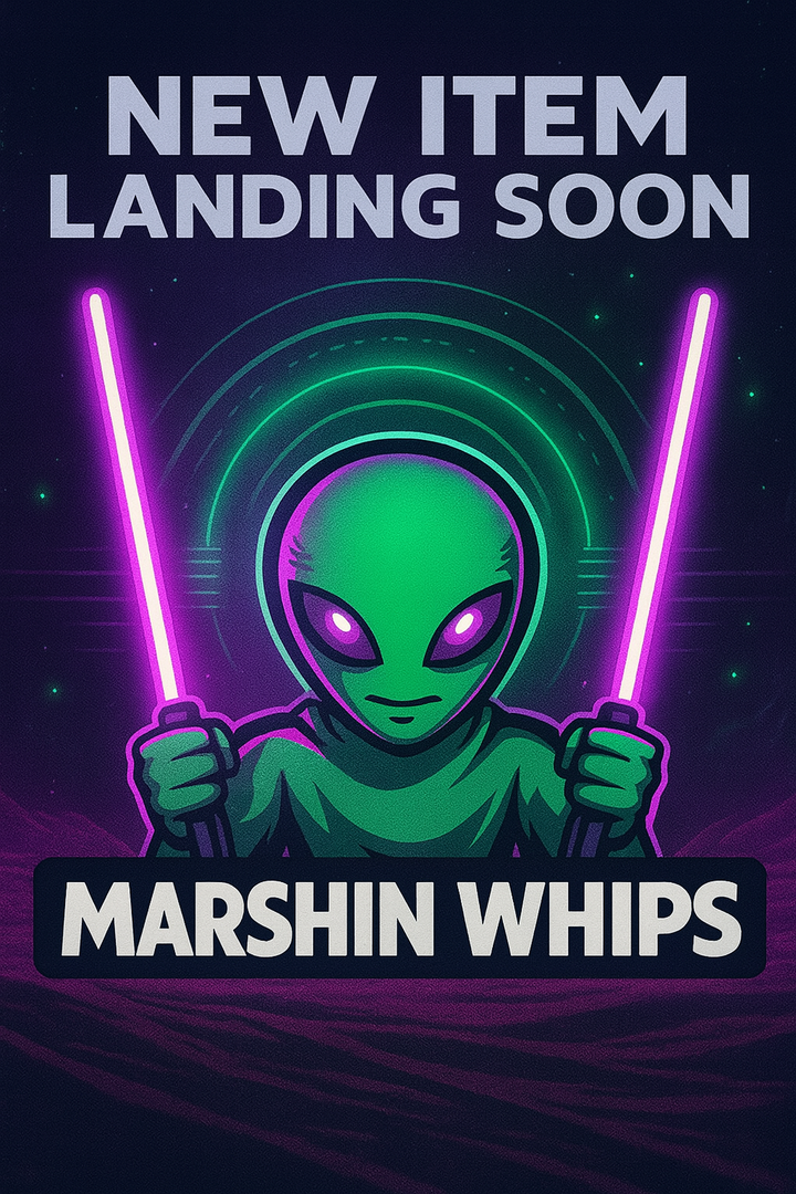 Promotional graphic for 'Marshin Whips' with an alien holding glowing whips on a dark background.