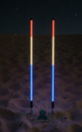 Two LED light whips, one red and one white, on a dark background with a visible brand logo.