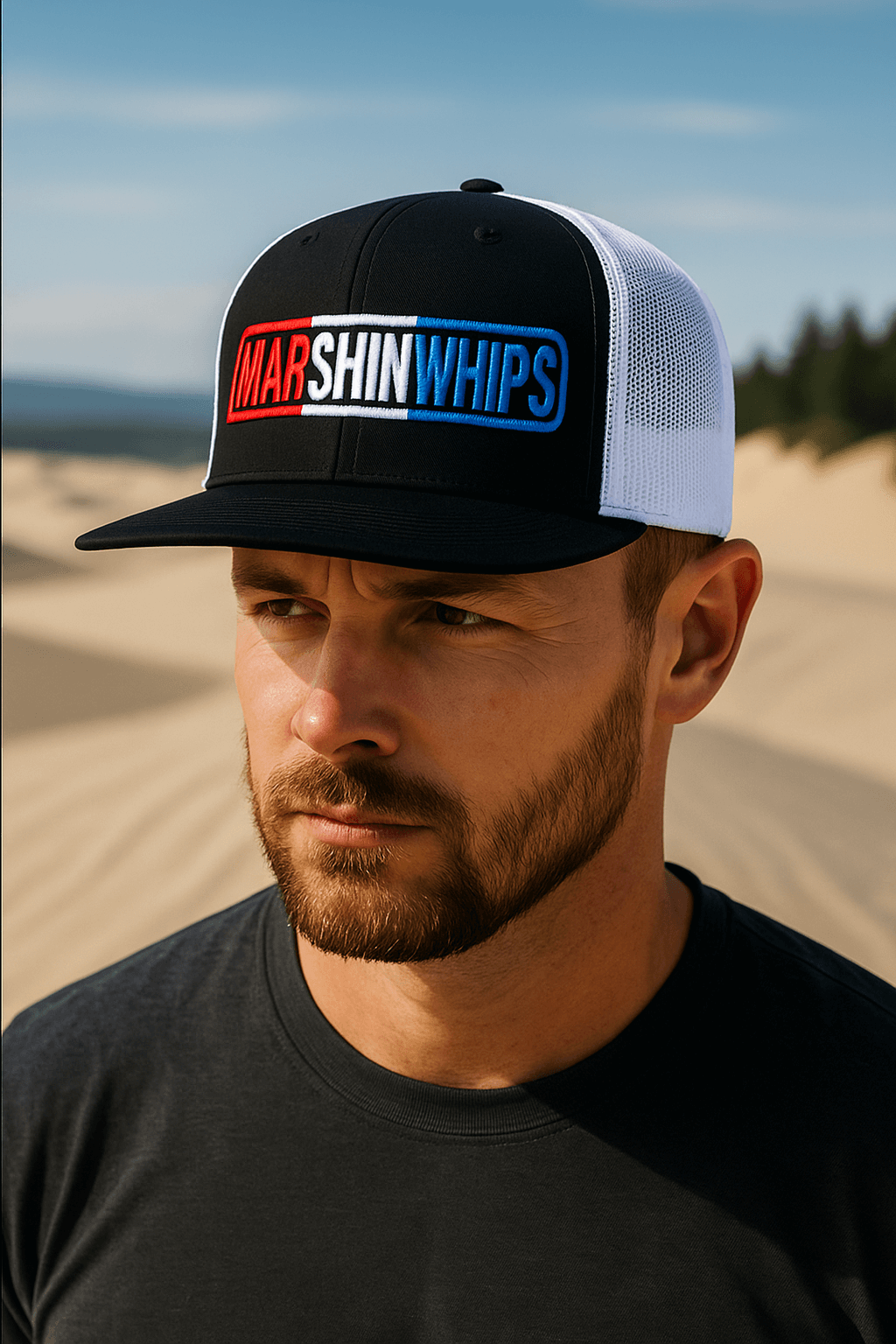 Marshin Whips snap back hat front view – red white blue flat bill. 