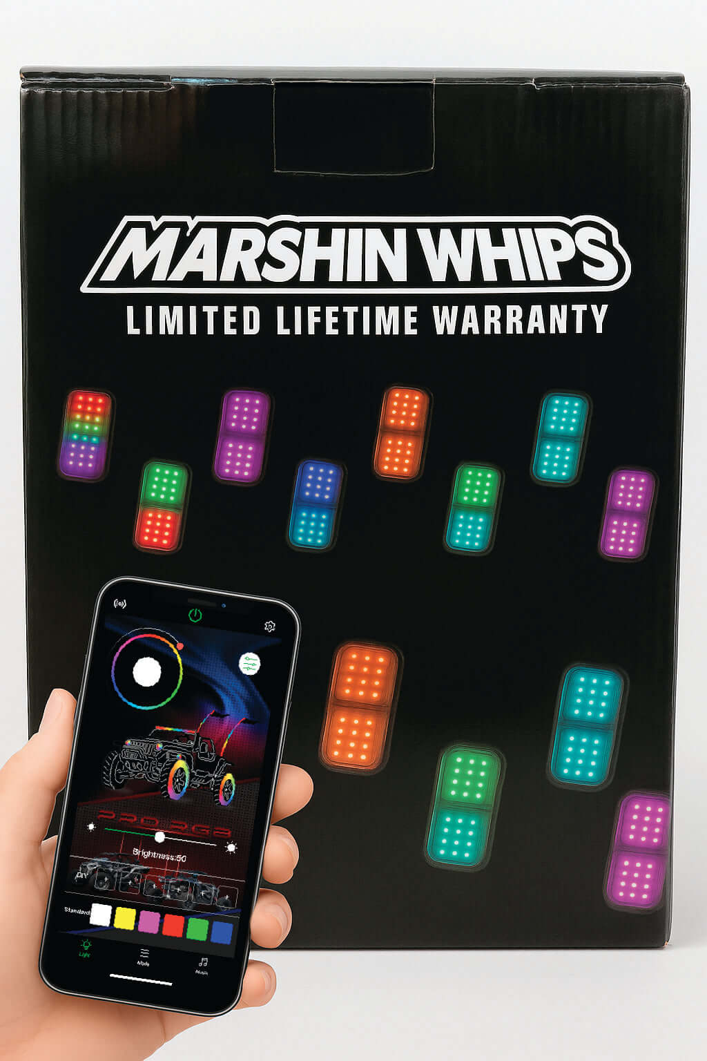 Marshin Whips Roswell Rocklights 2.0 product packaging with smartphone displaying RGB Prop app interface