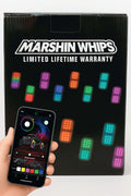 Marshin Whips Roswell Rocklights 2.0 product packaging with smartphone displaying RGB Prop app interface
