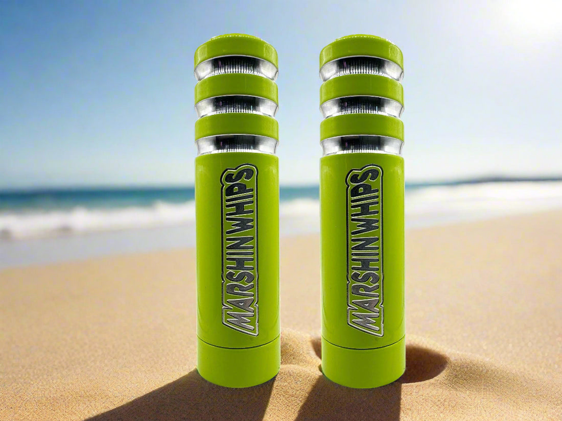 Two green Marshin whips on a beach