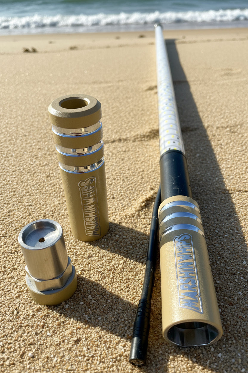 Beige and silver Marshin Whips branded lighted whip on the sandy beach