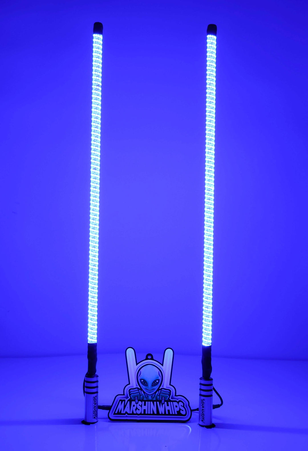 Two LED light sticks with a blue background and 'Marshin Whips' branding.