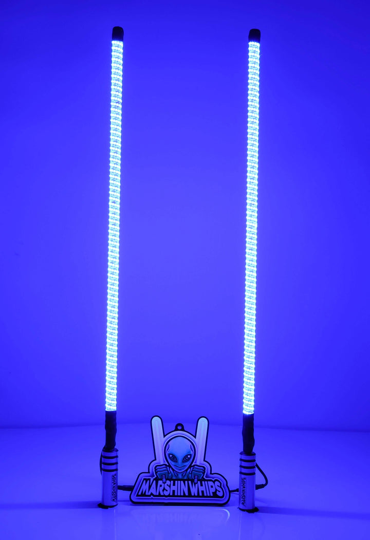 Two LED light sticks with a blue background and 'Marshin Whips' branding.