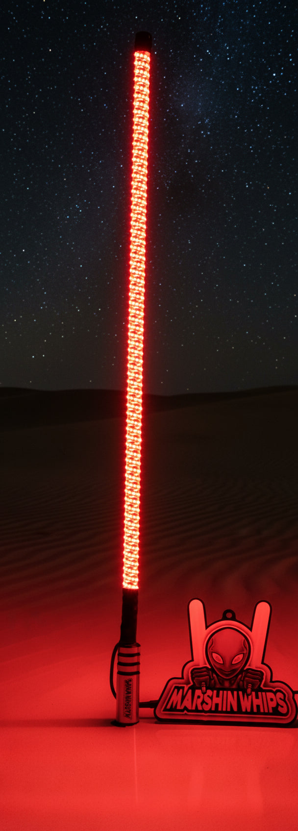 Light-up UTV Whip with a dunes background and 'Marshin Whips' branding.