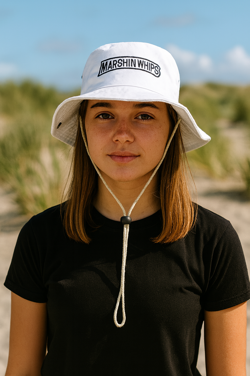 Person wearing a white bucket hat with 'Marshin Whips' logo on a beach.