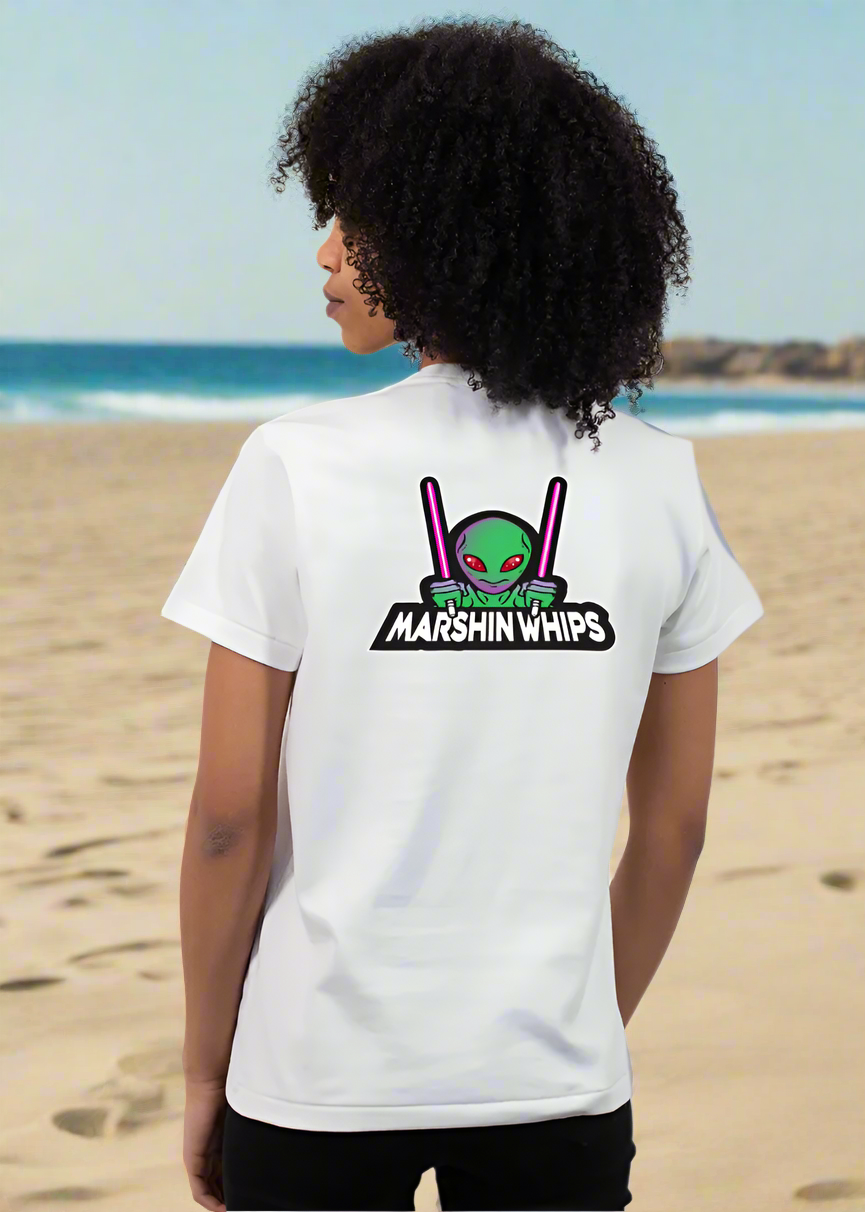 Person wearing a white t-shirt with 'Marshin Whips' text 