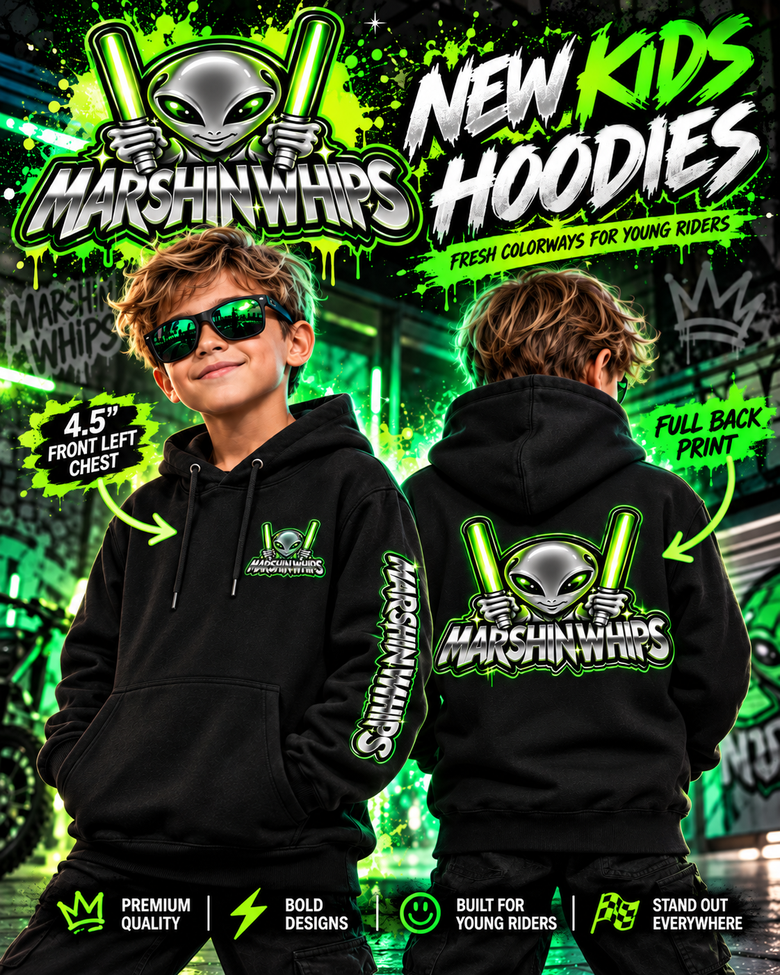 A promotional graphic showing a boy modeling a black hoodie from the front and back. The hoodie features a green and white alien graphic with the text 'MARSHIN WHIPS' and 'NEW KIDS HOODIES' in bright green and white text.