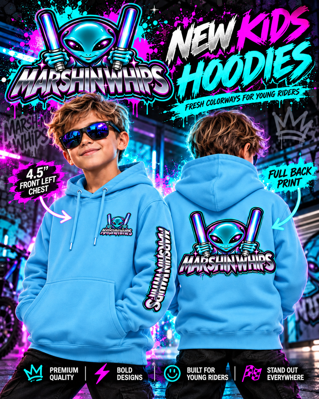 A promotional graphic showing a boy modeling a bright light blue hoodie from the front and back. The hoodie features a large alien graphic with glowing Marshin Whips on the back and a matching chest print on the front, with vertical text on the left sleeve.