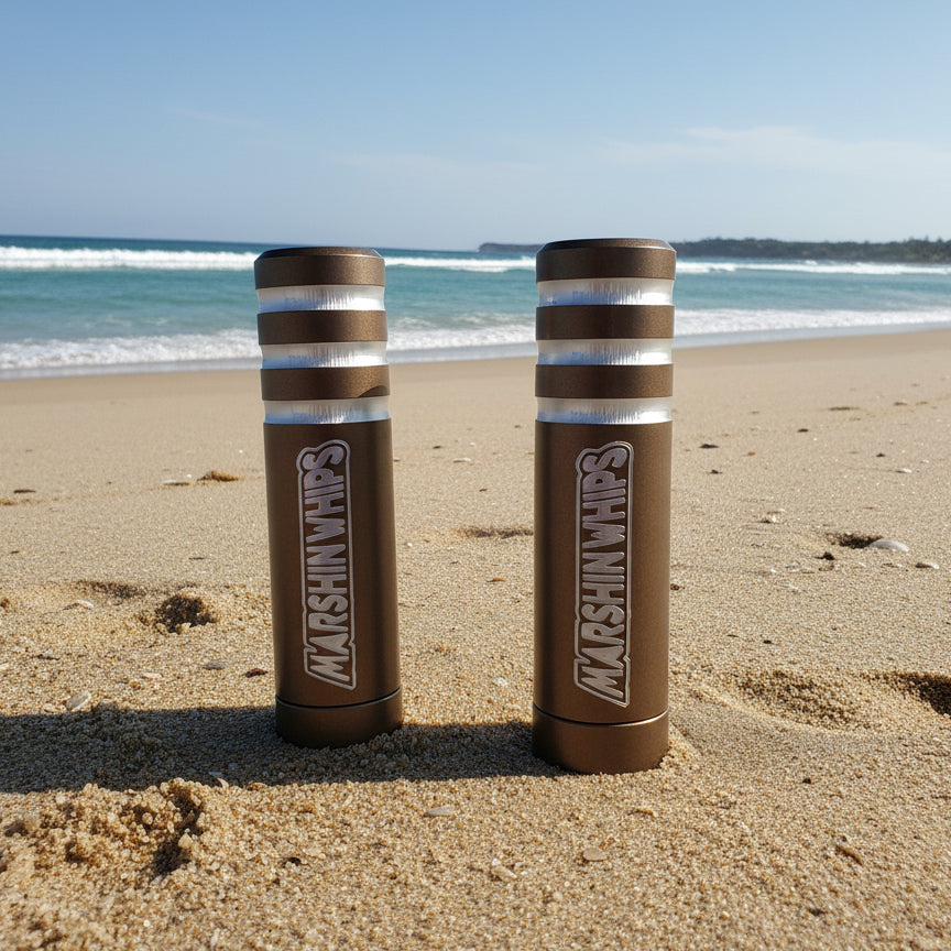 Two bronze LED whips with silver accents and the brand name 'Marshin Whips' displayed on them.