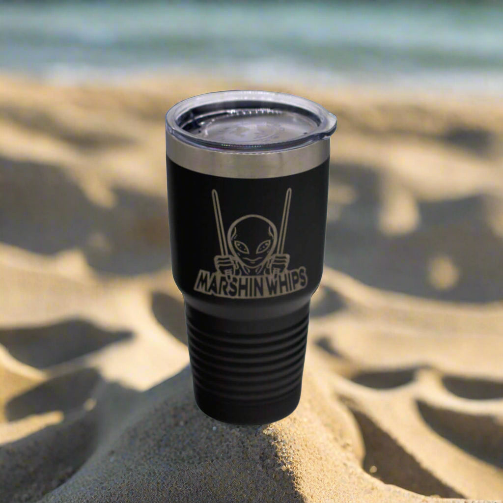 Black tumbler with a logo and text on a light gray background